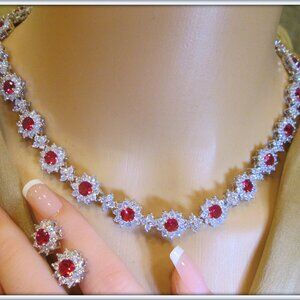 ruby brilliant cut gemstone 18k platinum filled ladies necklace earring set